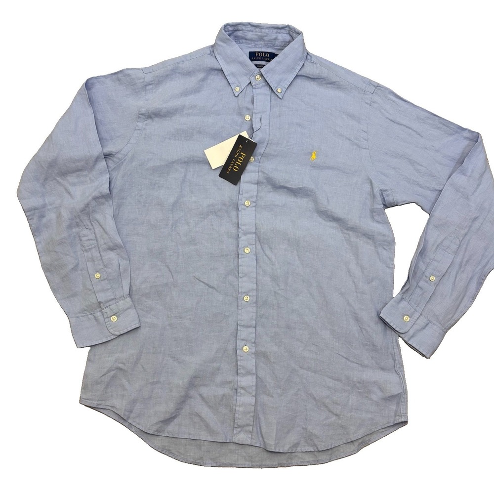 Polo Ralph Lauren Men's Size Large Classic Fit Blue 100% Linen Button Down Shirt
